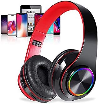 Bluetooth Over Ear Headphones, Colorful LED Lights Headphones with Built-in Mic, Light Weight, Wired and Wireless Foldable HiFi Stereo Headphones for Classroom/Home Office/PC/Mobile Phone(Black Red)