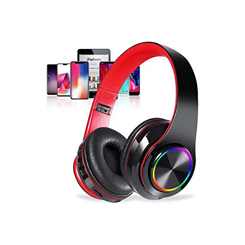 Bluetooth Over Ear Headphones, Colorful Led Lights Headphones With Built-In Mic, Light Weight, Wired And Wireless Foldable Hifi Stereo Headphones For Classroom/Home Office/Pc/Mobile Phone(Black Red) #TOP25