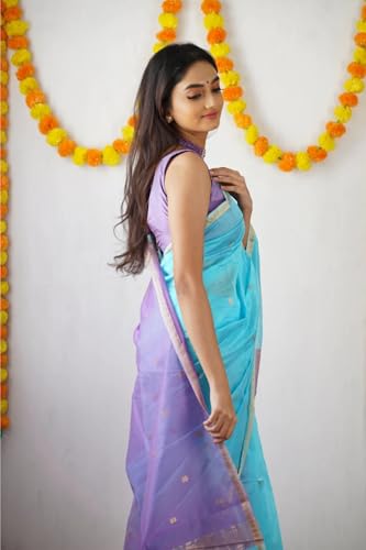 Image of Women's Cotton Woven Soft Sarees With Attach Blouse Piece.