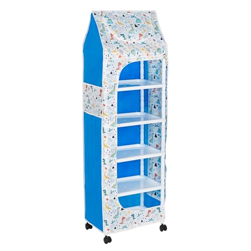Image of HYSEYY Baby Wardrobe Plastic Kids Storage Rack with Fabric Cover & Wheels | 6-Tier Plastic Shelves Organizer | Toy, Book & Clothes Storage Cabinet for Kids Room (Dinosaur Pattern White)