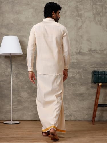 Image of RAMRAJ COTTON Men Gold Tissue Jacquard Full Sleeves Shirt with Matching Dhoti Set