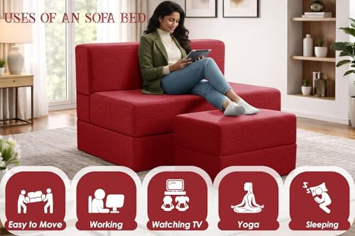 Image of Rosebell Foldable Sofa-Cum-Bed with Ottoman | 3-in-One Foldable Sofa, Lounger & Bed-3x6 Feet One Seater- Perfect for Home & Office -Red-Color