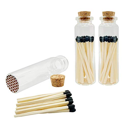 Thankful Greetings Black Tip 2\" Safety Matches | 3 Glass Bottles Each with Cork Top, Striker & 20 Matchsticks (60+ Total) | Decorative Unique & Fun Artisan Set for Your Home, Gifts, & Events