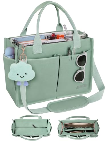 BESBESME Bolsa de lona feminina com zíper e compartimentos – Bolsa tiracolo grande para laptop para trabalho e faculdade, Verde, Medium, Tendência