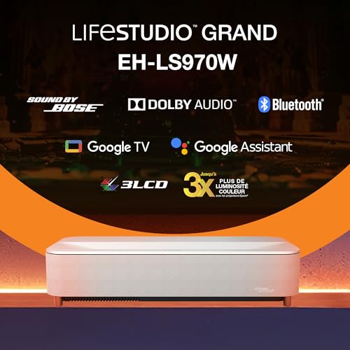 Epson Lifestudio Grand Plus EH-LS970W | Projecteur Laser Ultra Courte Focale | Home Cinéma 4K | 4 000 Lumens | Amélioration d’image par IA | Son BOSE | GoogleTV | Écran 150”max | Garantie5 Ans | Blanc