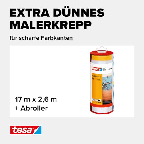 tesa Easy Cover Perfect+ Dispenser XL - 2in1 Malerfolie mit Washi-Kreppband und Abroller - für saubere, präzise Schnitte - mit Klingenabdeckung - 17 m x 2,60 m