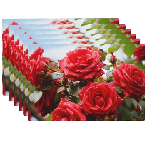 Set de table en lin motif roses rouges 45x30 cm lavable et résistant - 2