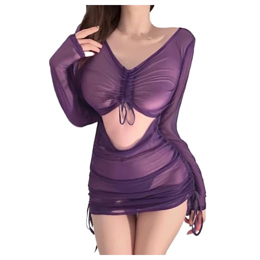 Sexy Robe Transparente pour Femme Manches Longues Col en V Mini-Robe avec Cordon de Serrage Plissé, Robe Portefeuille Creuse+String Nuisette, Chemise de Nuit en Tulle, Robe de Plage, Robe de Soirée