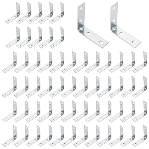 Image of HONYUET Zinc Plated Corner Brackets, 50 x 50 x 15mm L Shaped Right Angle Brace, Pack of 60, Silver