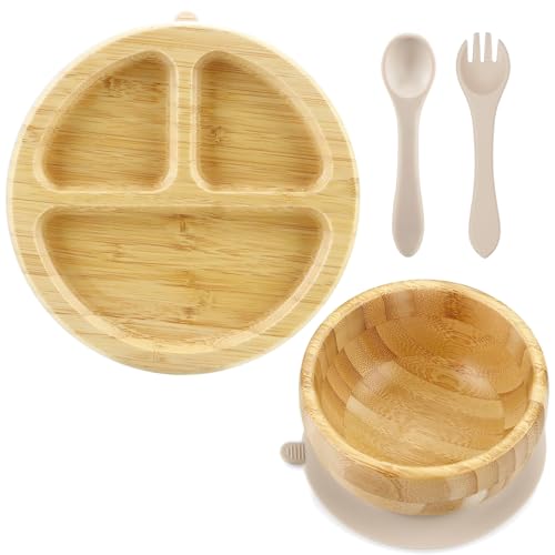 PandaEar Conjunto de alimentação com sucção de bambu para bebês |...
