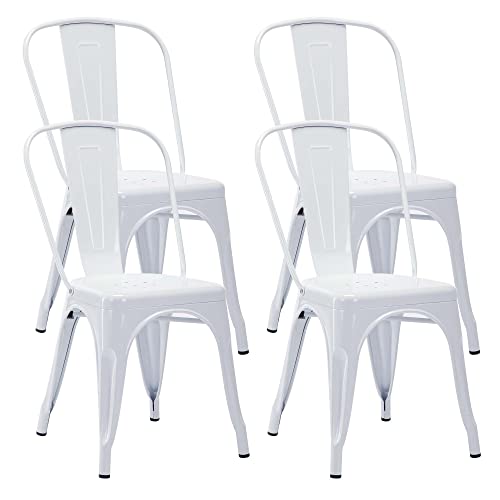 DUHOME Chaise de Salle à Manger Lot de 4 Chaise de Cuisine Empilable Tabouret en Métal Siège avec Dossier pour Bar Café Salon Restaurant, Blanc