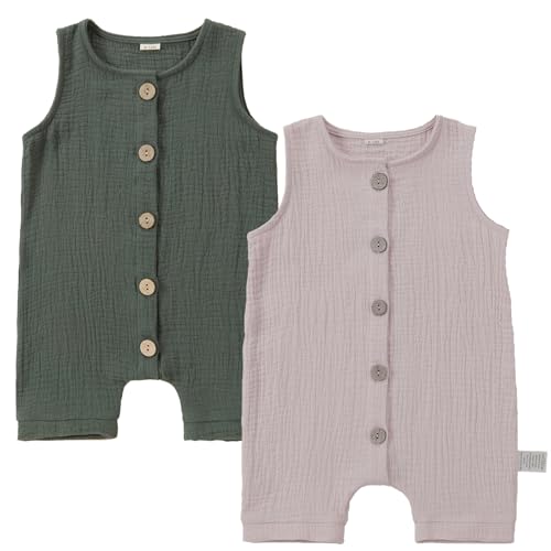 Image of BETTERFUN 2 Pack Sleeveless Pure Cotton Baby Rompers, Unisex Baby Clothes, Spring Summer Baby Onesies 12-18 Months, Green/Light Beige