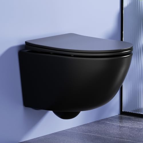Rainsworth Wand-wc zonder spoelrand - Hangtoilet met krachtige spoeling, met efficiënte spoeltechniek, kloschaal inclusief toiletbril met automatische sluitfunctie en snelklem, Zwart, 48,5 cm
