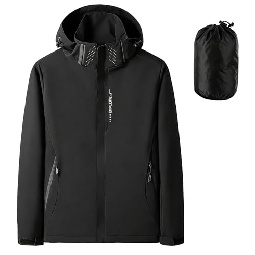 Image of DOINEUFL Mens Waterproof Jacket Packable Lightweight Raincoat, Breathable Hooded Windbreaker Coat with Multi-Pockets for Hiking, Walking (UK, Alpha, L, Regular, Regular, Black)