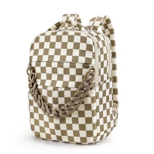 hibear Checkered Backpack for Women Small Trendy Slouchy Backpack Cute Daypack for Travel/Daily Shopping with Chain (Khaki Green) - image 1