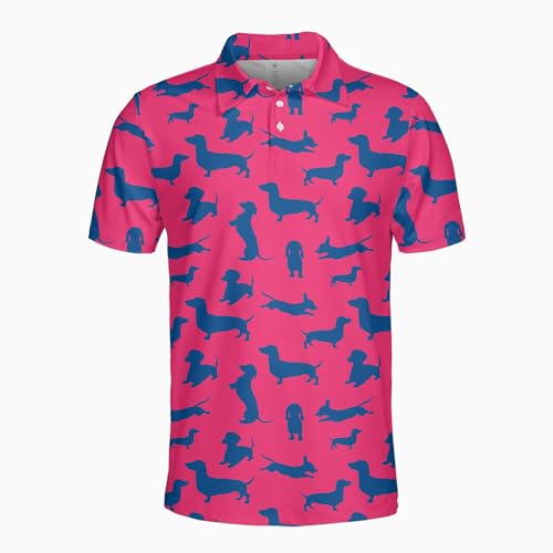 Mens Dachshund Dog Polo Golf Shirts for Men, Men's Golf Short Sleeve Shirt, Hotdog Aloha Hawaiian Polo Shirts Pink