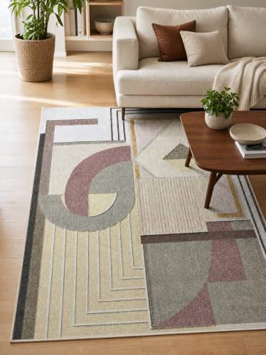 Image of CASA-NEST Modern Abstract Velvet Rug (4x6 ft), Anti-Slip Backing, Contemporary Multi-Shape Decorative Carpet for Living Room & Office - Earth Tone Cubist Geometric