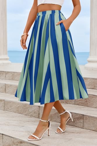 Image of Cicy Bell Womens Summer Striped Maxi Skirts A-Line Beach Vacation Outfits | Elastic Waist, Side Pockets, Flowy, Midi Length, Color Contrast, Trendy Casual