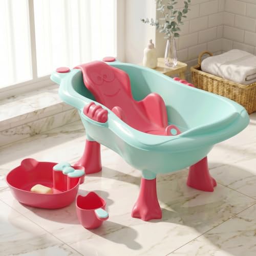 Image of StarAndDaisy Bath Tub for Baby 0-5 Years / Bath tub for Kids with 0-3 Years Girls & Boys with bathseat, Legs, mug and soap tray, Space Saving Design, Newborn Baby Bathing Tub, Easy to Store (Green-Pink)