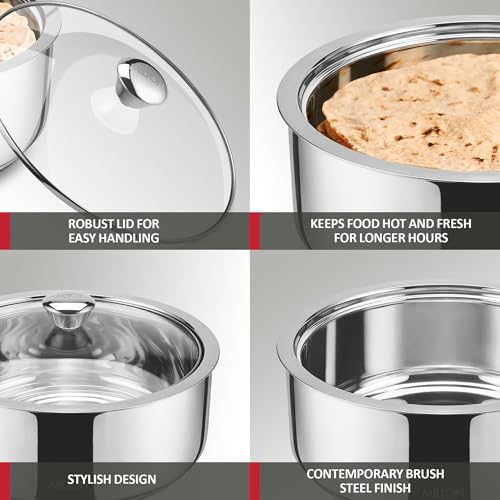 Image of MILTON Castella II Stainless Steel Roti Casserole | Double-Walled Insulated Food Server | Easy-to-Carry Hot Box for Kitchen | Chapati, Paratha Storage | Serving Casserole with Glass Lid | 2500 ml, Silver