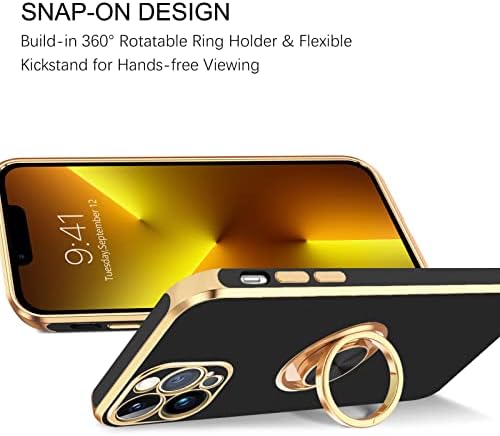 BENTOBEN iPhone 13 Pro Max Case with Ring, Phone case for iPhone 13 Pro Max, Holder Gold Edge Rotation Kickstand Soft Silicone TPU Bumper Slim Flexible Shockproof Protective Cover for iPhone 13 ProMax