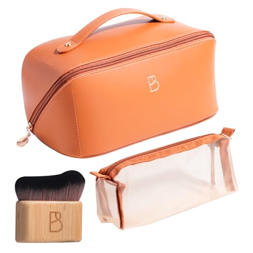 BS-MALL Travel Makeup Bag – Portable Large Capacity Toiletry Bag Perfect for Organizing Travel Size Toiletries, Flat Opening for Easy Access with 1 Makeup Brush & Zipper Bag