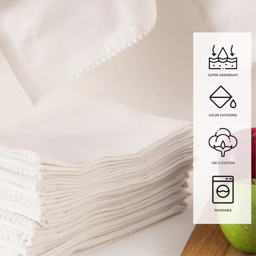 Image of TARAN LIVING Kitchen Towels 100% Cotton Solid Kitchen Dish Cloths Decor Hand Towel Reusuable Dish Towel for Cleaning & Drying Tea Towels Set with Hanging Loop - 18 inchx 28 inch - White, Pack of 12
