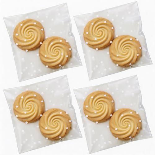 Efivs Arts 200Pcs White Polka Dot Cookie Bags, Self Sealing Cellophane Bags for Homemade Cookies, Clear Treat Bags with Self Adhesive Seal for Baking, Party Favors and Gift Giving (4x4 Inches)