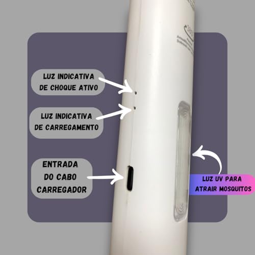 Super Raquete Elétrica Branca 2 em 1 Luminaria Armadilha Repelente Luz Led UV Lampada Choque 3000V M