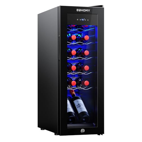 Image of EUHOMY 12 Bottle Compressor Wine Cooler Refrigerator with Lock, Freestanding Mini Wine Fridge with Digital Temperature Control, Wine Refrigerator with Glass Door For Red White Wine, Champagne, Black