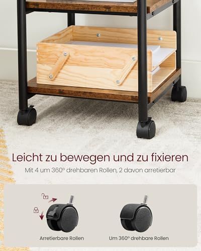 VASAGLE Druckertisch mit Rollen, 3-stufiger Druckerständer, verstellbare Tischplatte, belastbar, Aufbewahrungsregal, industriell, für Büro Arbeitszimmer, vintagebraun-schwarz OPS003B01V1
