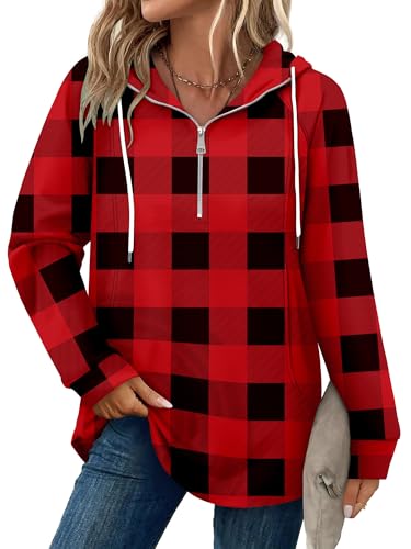 onlypuff Women Hoodie Pullover Trendy Quarter Zipper Lapel Sweatshirts Drawstring Cute Hooded Tunic Tops with Side Pockets