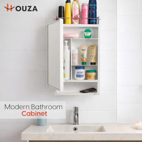 Image of HOUZA Premium Look Plastic Wall Mounted Bathroom Mirror Cabinet with Storage | Waterproof Storage Organizer with Shelves | Bathroom Accessories (White)