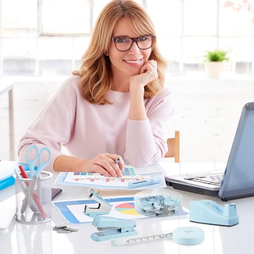 OFFCUP Kit de Papelería de Oficina, Grapas Acrílicas, Juego de Grapas Incluir Soporte para Cinta, Qquitagrapas, Tijeras, Notas Adhesivas, para Suministros de Oficina, Hogar y Escuela - Azul - imagen 7