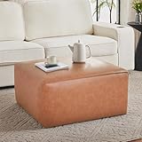 Christopher Knight Home Ellis Faux Leather Ottoman Footstool, Square Pouf Poufee Footrest Ottoman Large Seat, Modern Side Table for Living Room Bedroom Home Decor Gifts, Tan Brown