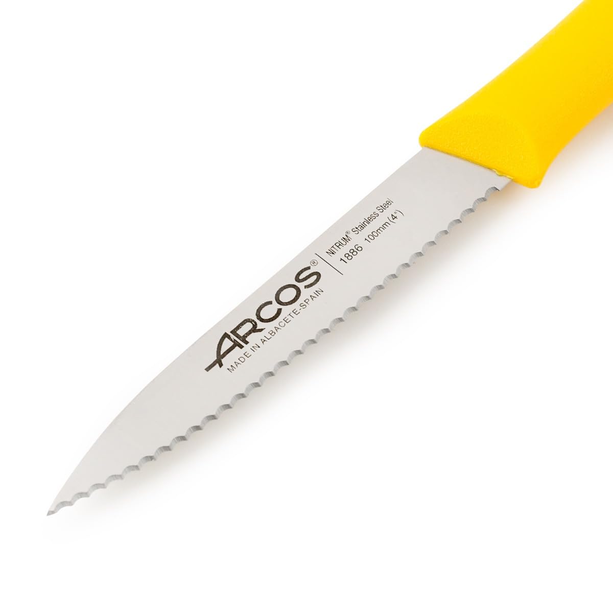 Arcos Serie Nova - Cuchillo Mondador - Hoja Serrada de Acero Inoxidable de 100 mm - Mango de Polipropileno Color amarillo