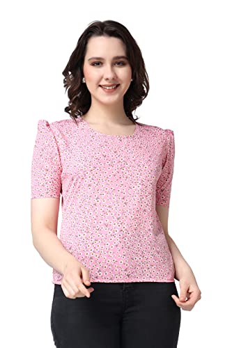 Image of POPWINGS Casual Printed Puff Sleeves Round Neck Top for Women || Stylish Summer Tops for Women || Hip-Length Women Top