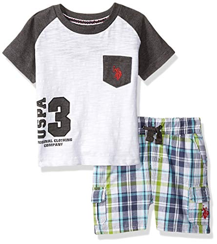 U.S. Polo Assn. Baby Boy's Short Sleeve Henley T-Shirt and Pull-on Short Shorts, Lime Multi Plaid, 12M
