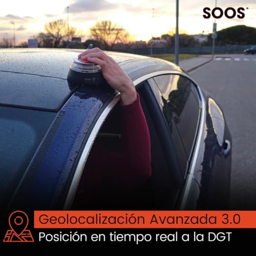 Uso de la luz de emergencia SOOS V16 en un automóvil mostrando su geolocalización en tiempo real a la DGT