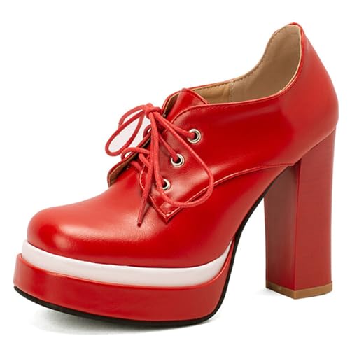 Alyaafifa Chunky High Heel Pumps Platform Lace-Up Shooties Booties for Women Closed Square Toe Two Tone Ankle Boots Matte Leather Formal Dressy Shoes Party Event Wedding