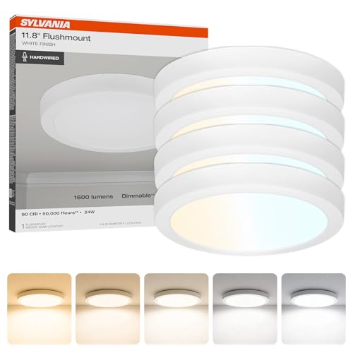 Sylvania 12" Flush Mount LED Fixture, 24W, 5 Color Select (2700K - 5000K), 90 CRI, 1600 LMS, Hardwired, White - 4 Pack (67376)