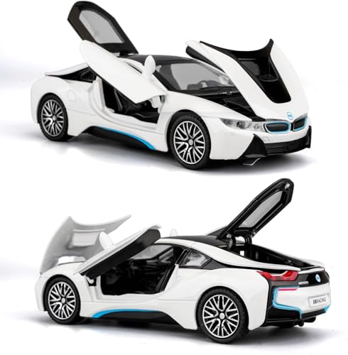 Image of 1:32 BMW i8 Diecast Toy Car Pull Back Metal Car with Openable Doors Sound & Light Features Realistic Kids Gift & Collectible Model for Boys & Girls (White)