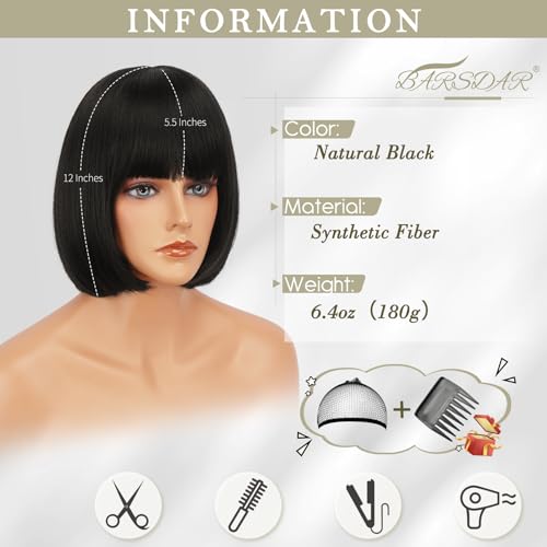 BARSDAR Black Short Bob Wig with Bangs - 12 Inch Straight Wig, Natural Look, Soft Synthetic for Women Girls, Daily Cosplay, Halloween - Image 2