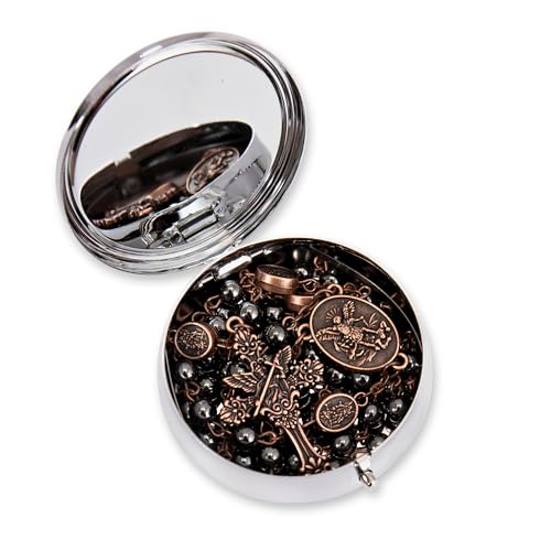 Nazareth Store Colar de contas de pedra de hematita do terço de São Miguel, contas de glória, medalh