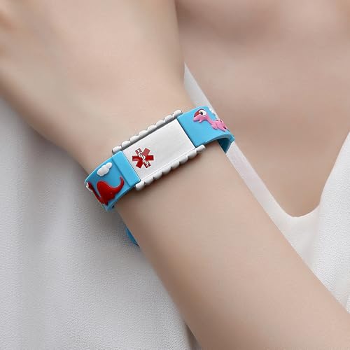 Image of LinnaLove Medical Alert ID Bracelet - Custom or Pre-Engraved, QR Code Available,Blue Dinosaur Band