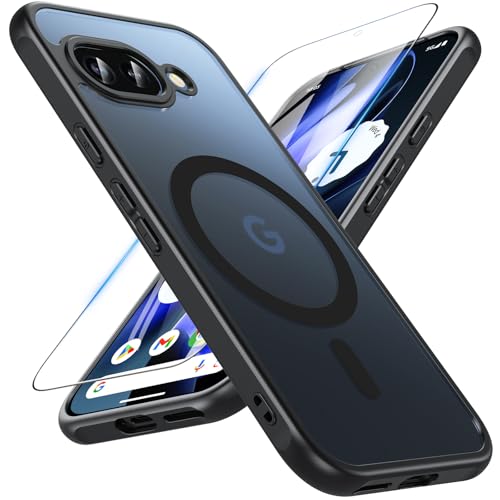 OWKEY Google Pixel 9a Hülle, Magnetisch Pixel 9a Hülle für Magsafe mit Panzer Glas, [Schutz in Militärqualität] Translucent Matte Stoßfest Handyhülle Pixel 9A Case Dünn Cover Schutzhülle, Schwarz 1