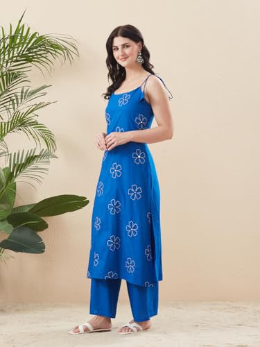 Image of MOKOSH Women's Cotton Embroidery Kurti with Palazzo | Kurta Set | Mirror Work | Round Neck Sleeveless | 2 Piece Outfit | Indian Kurta Outfit With Palazzo Pants