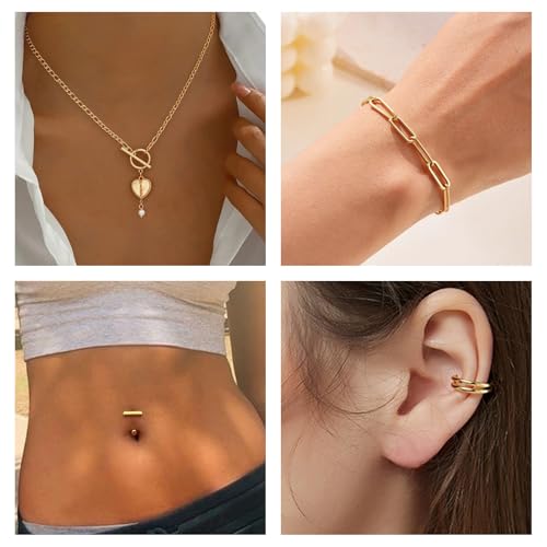 Gold Jewelry Set for Women,53 PC Gold Plated Jewelry Set with 9 Necklace, 9 Bracelet, 25 Ear Cuffs Earring, 5 Ankle Bracelets ,2 Rings and 3 Belly Button rings for Women Valentine Anniversary Birthday Gifts (49PC)4