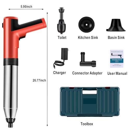 Image of Electric Toilet Plunger ，Drain Clog Remover Tools,High Pressure Air Toilet Plungers Heavy Duty Plunger For Toilet,Bathroom,Floor Drain,Sewer,Pipe，built-in battery, RED