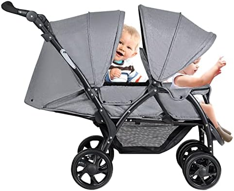 Maxmass Double Seat Baby Stroller, Folding Infant Pushchair with Adjustable Handlebar & Backrest, Storage Basket and Detachable Canopy, Travel Toddler Buggy for Shopping, Hanging Out (Grey)